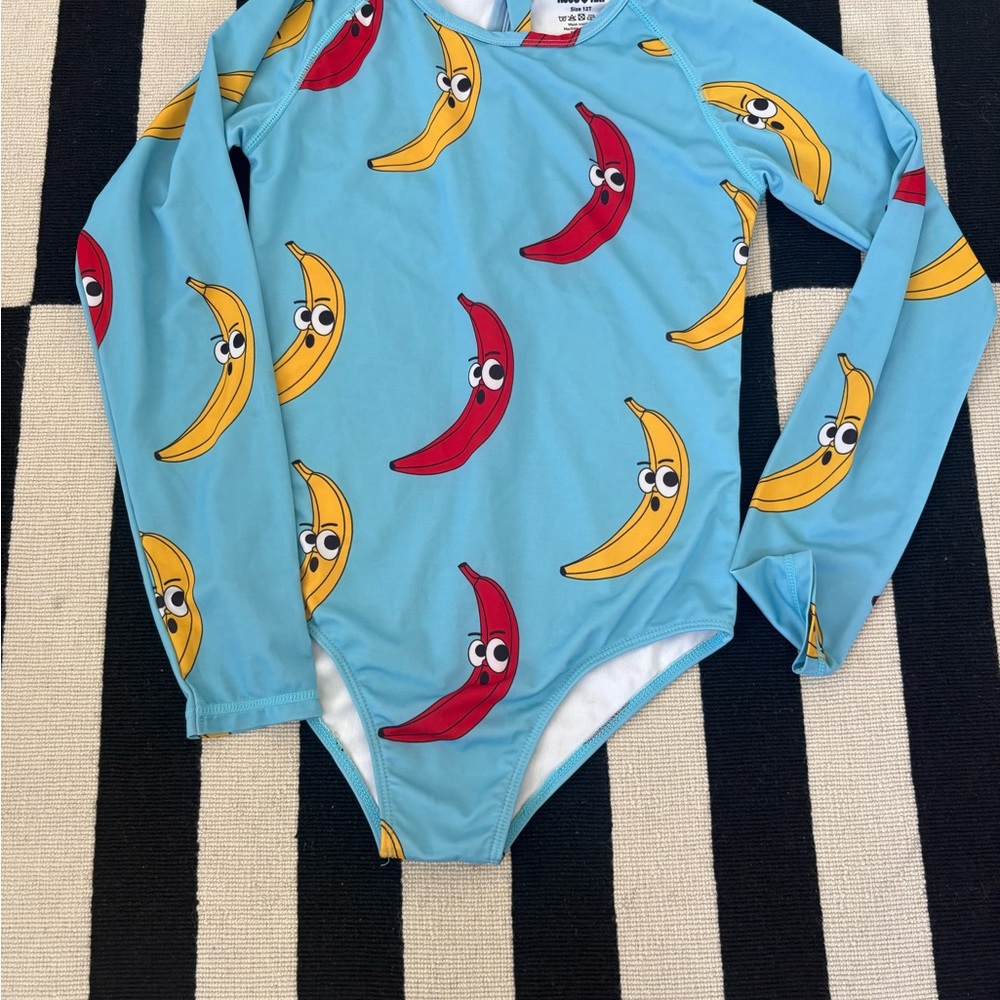Long-Sleeve Kids Swim Bodysuit in Light Blue with Yellow & Red Banana Print